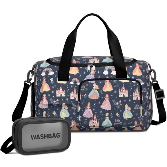 Women Men Gym Bag,Dark Blue Little Princess Pattern Small Duffle Bag Spend the Night Bags for Women with Shoes Compartment Washbag,Detachable Shoulder Strap,19.7x8.3x11 Inches