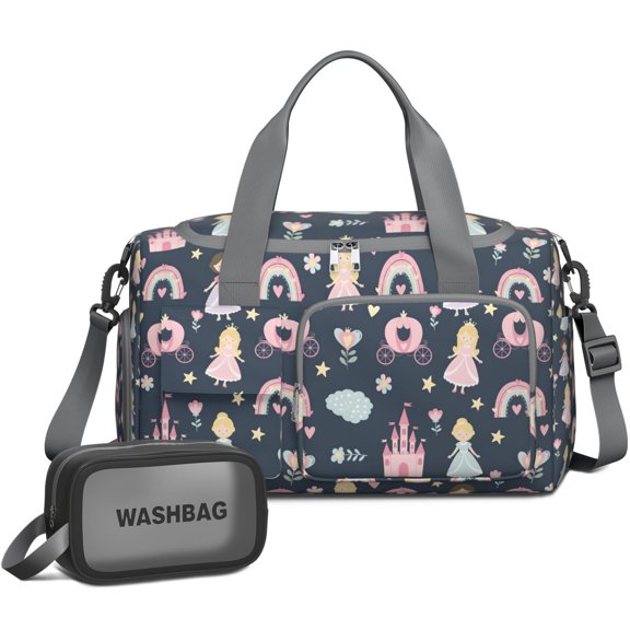 Women Men Gym Bag,Dark Blue Princess Castle Pattern Small Duffle Bag Spend the Night Bags for Women with Shoes Compartment Washbag,Detachable Shoulder Strap,19.7x8.3x11 Inches