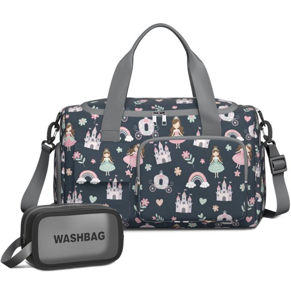 Women Men Gym Bag,Dark Blue Princess Castle Pattern Small Duffle Bag Spend the Night Bags for Women with Shoes Compartment Washbag,Detachable Shoulder Strap,19.7x8.3x11 Inches