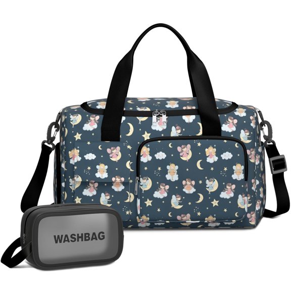 Women Men Gym Bag,Dark Blue Star Fairy Pattern Small Duffle Bag Spend the Night Bags for Women with Shoes Compartment Washbag,Detachable Shoulder Strap,19.7x8.3x11 Inches