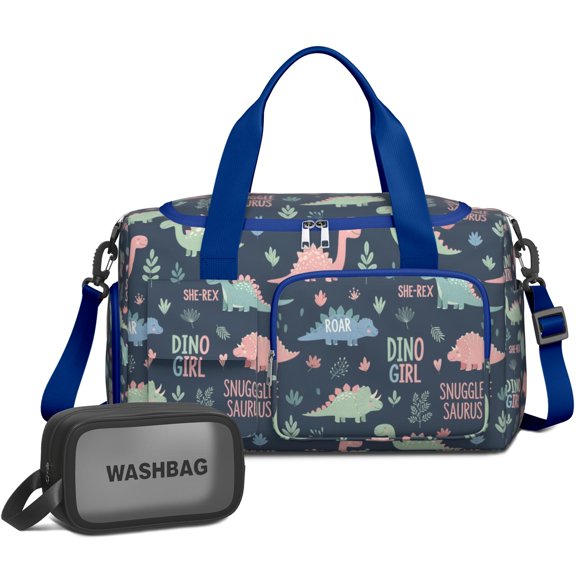 Women Men Gym Bag,Dark Blue Themed Dinosaurs Pattern Small Duffle Bag Spend the Night Bags for Women with Shoes Compartment Washbag,Detachable Shoulder Strap,19.7x8.3x11 Inches