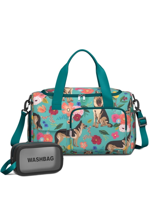 Women Men Gym Bag,German Shepherd with Pioneer Flower Small Duffle Bag Spend the Night Bags for Women with Shoes Compartment Washbag,Detachable Shoulder Strap,19.7x8.3x11 Inches