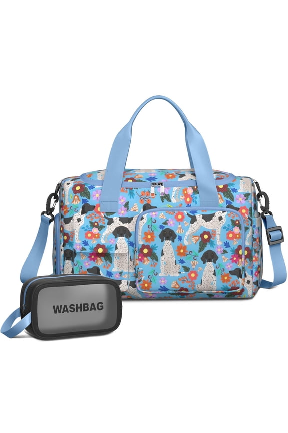Women Men Gym Bag,German Shorthaired Pointer Dog and Flower Small Duffle Bag Spend the Night Bags for Women with Shoes Compartment Washbag,Detachable Shoulder Strap,19.7x8.3x11 Inches