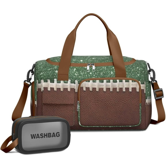 Women Men Gym Bag,Green and Brown Football Stitch Pattern Small Duffle Bag Spend the Night Bags for Women with Shoes Compartment Washbag,Detachable Shoulder Strap,19.7x8.3x11 Inches