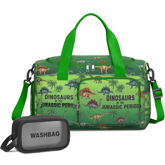 Women Men Gym Bag,Green Cartoon Dinosaurs Pattern Small Duffle Bag Spend the Night Bags for Women with Shoes Compartment Washbag,Detachable Shoulder Strap,19.7x8.3x11 Inches