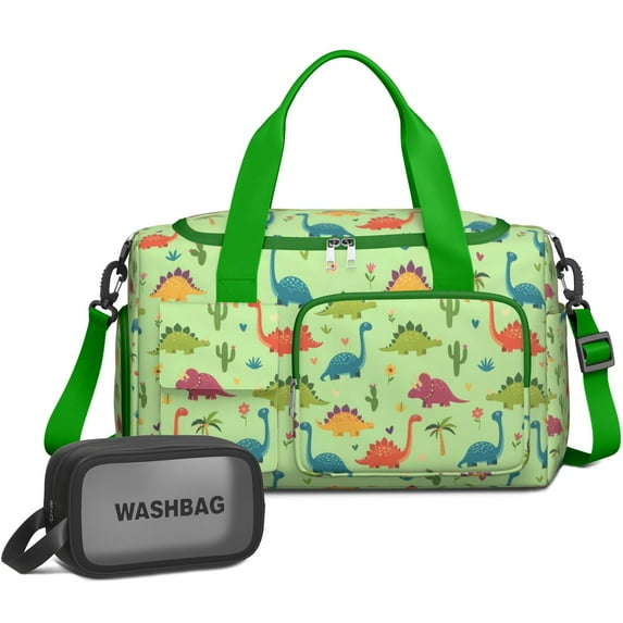Women Men Gym Bag,Green Dinosaurs Cacti Hearts Small Duffle Bag Spend the Night Bags for Women with Shoes Compartment Washbag,Detachable Shoulder Strap,19.7x8.3x11 Inches