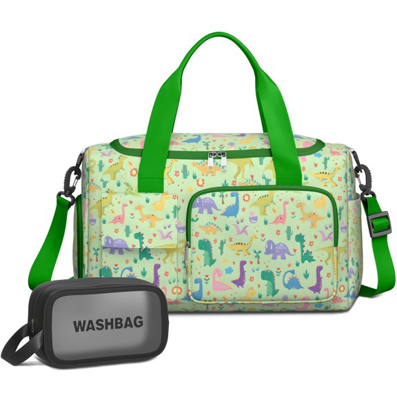Women Men Gym Bag,Green Dinosaurs Cacti Pattern Small Duffle Bag Spend the Night Bags for Women with Shoes Compartment Washbag,Detachable Shoulder Strap,19.7x8.3x11 Inches
