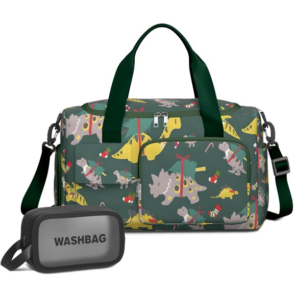 Women Men Gym Bag,Green Dinosaurs ChristmasTrees Socks Pattern Small Duffle Bag Spend the Night Bags for Women with Shoes Compartment Washbag,Detachable Shoulder Strap,19.7x8.3x11 Inches