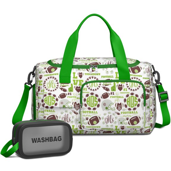 Women Men Gym Bag,Green Football Monogram Pattern Small Duffle Bag Spend the Night Bags for Women with Shoes Compartment Washbag,Detachable Shoulder Strap,19.7x8.3x11 Inches