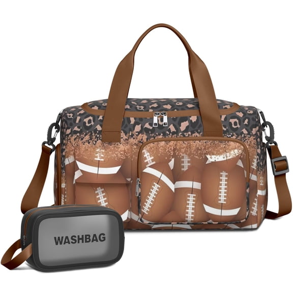 Women Men Gym Bag,Leopard Print and Footballs Pattern Small Duffle Bag Spend the Night Bags for Women with Shoes Compartment Washbag,Detachable Shoulder Strap,19.7x8.3x11 Inches