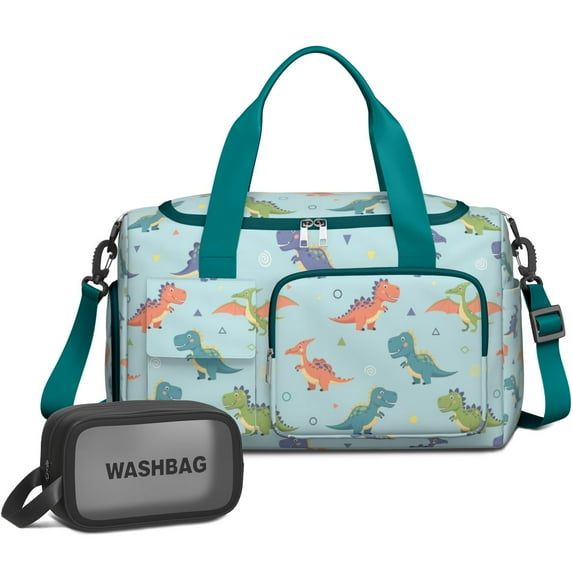 Women Men Gym Bag,LightBlue Cartoon Dinosaurs Geometric Pattern Small Duffle Bag Spend the Night Bags for Women with Shoes Compartment Washbag,Detachable Shoulder Strap,19.7x8.3x11 Inches