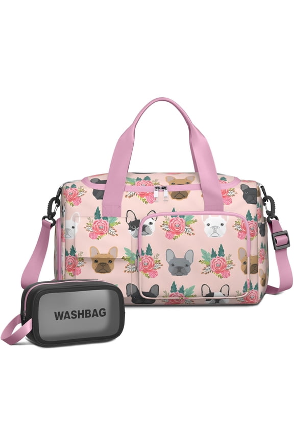 Women Men Gym Bag,Pink French Bulldog Flowers Florals Small Duffle Bag Spend the Night Bags for Women with Shoes Compartment Washbag,Detachable Shoulder Strap,19.7x8.3x11 Inches