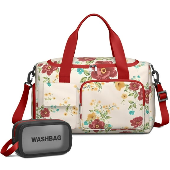 Women Men Gym Bag,Pioneer Flower Floral Print Pattern Small Duffle Bag Spend the Night Bags for Women with Shoes Compartment Washbag,Detachable Shoulder Strap,19.7x8.3x11 Inches