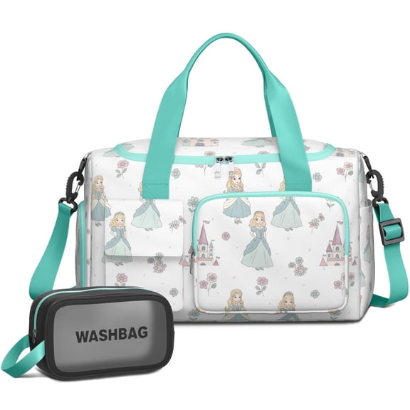 Women Men Gym Bag,Princess Castle Flower Pattern Small Duffle Bag Spend the Night Bags for Women with Shoes Compartment Washbag,Detachable Shoulder Strap,19.7x8.3x11 Inches