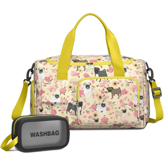 Women Men Gym Bag,Pugs and Pioneer Flower Small Duffle Bag Spend the Night Bags for Women with Shoes Compartment Washbag,Detachable Shoulder Strap,19.7x8.3x11 Inches