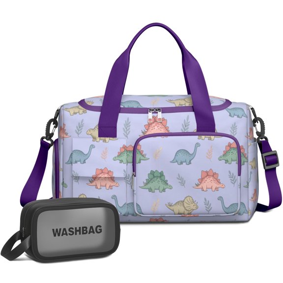 Women Men Gym Bag,Purple Background Dinosaur Pattern Small Duffle Bag Spend the Night Bags for Women with Shoes Compartment Washbag,Detachable Shoulder Strap,19.7x8.3x11 Inches