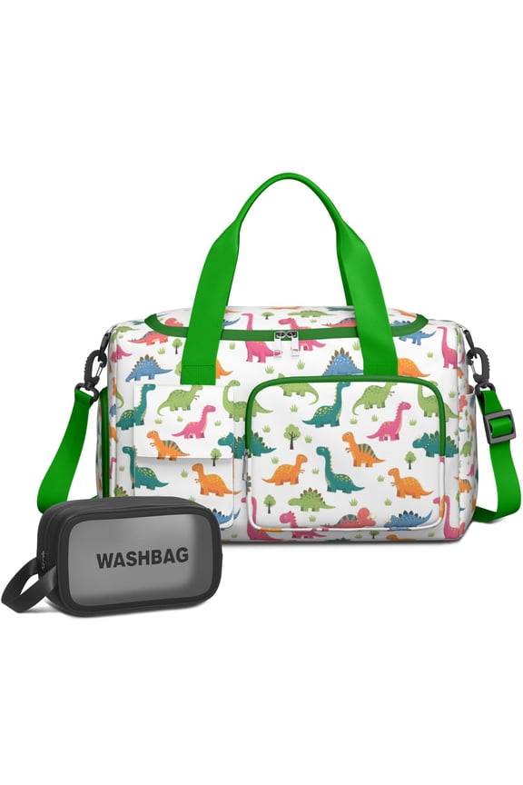 Women Men Gym Bag,White Cartoon Dinosaurs Trees Pattern Small Duffle Bag Spend the Night Bags for Women with Shoes Compartment Washbag,Detachable Shoulder Strap,19.7x8.3x11 Inches