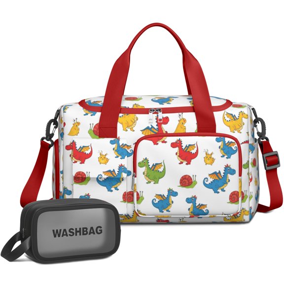 Women Men Gym Bag,White Cartoon Dragons Snails Pattern Small Duffle Bag Spend the Night Bags for Women with Shoes Compartment Washbag,Detachable Shoulder Strap,19.7x8.3x11 Inches