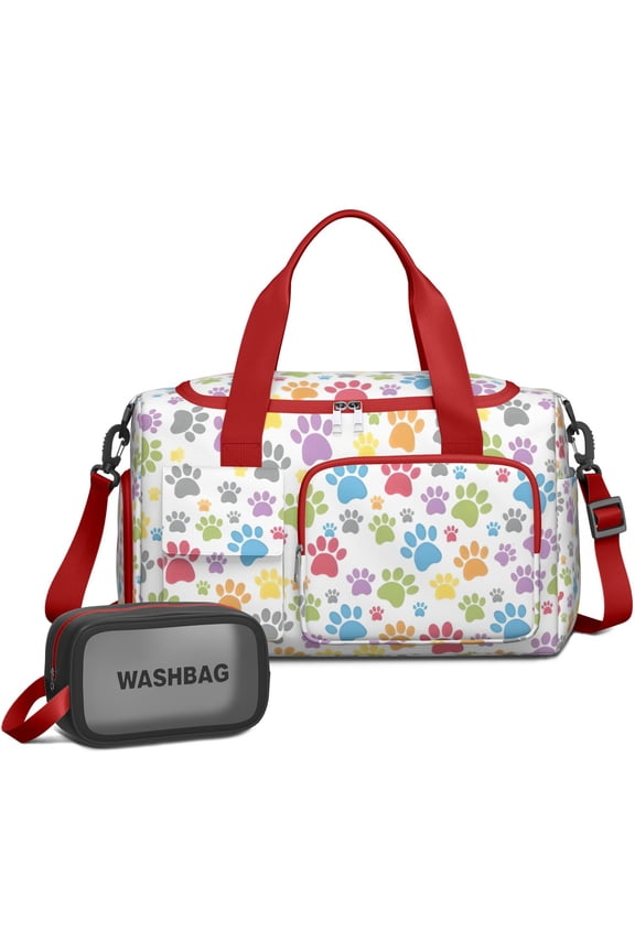 Women Men Gym Bag,White Dog Paw Footprint Small Duffle Bag Spend the Night Bags for Women with Shoes Compartment Washbag,Detachable Shoulder Strap,19.7x8.3x11 Inches