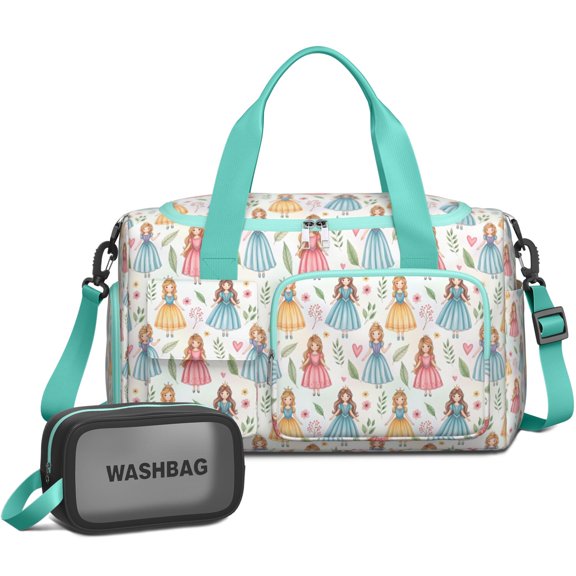 Women Men Gym Bag,White Princess & Leaf Pattern Small Duffle Bag Spend the Night Bags for Women with Shoes Compartment Washbag,Detachable Shoulder Strap,19.7x8.3x11 Inches