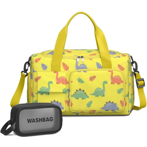 Women Men Gym Bag,Yellow Cartoon Dinosaurs Leaves Pattern Small Duffle Bag Spend the Night Bags for Women with Shoes Compartment Washbag,Detachable Shoulder Strap,19.7x8.3x11 Inches