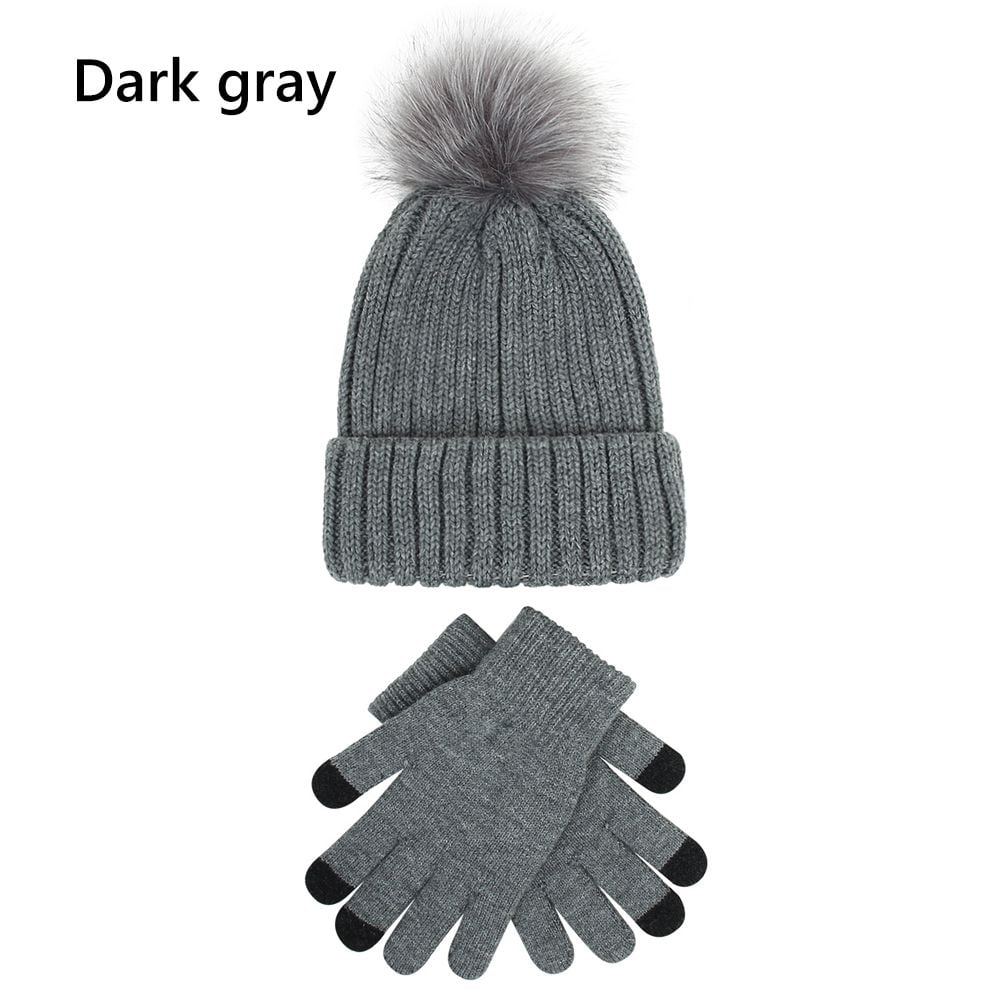 Women & Men Knit Thick Slouchy Beanie Beanie Hat Gloves Set Faux Fur