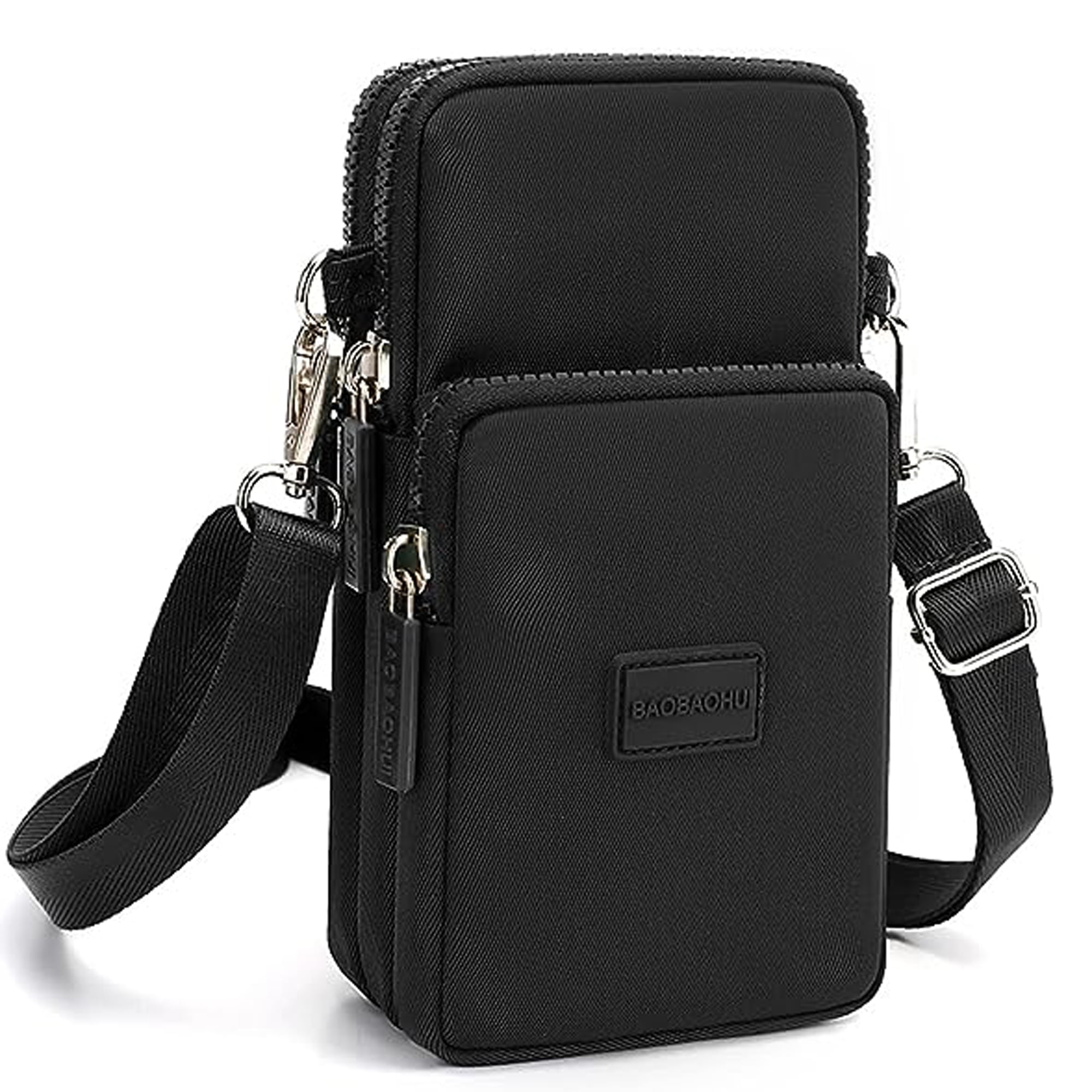 Women Men Mobile Phone Bag Multi pockets Zipper Adjustable Nylon Strap Small Solid Color Crossbody Wallet Shoulder Bag Black