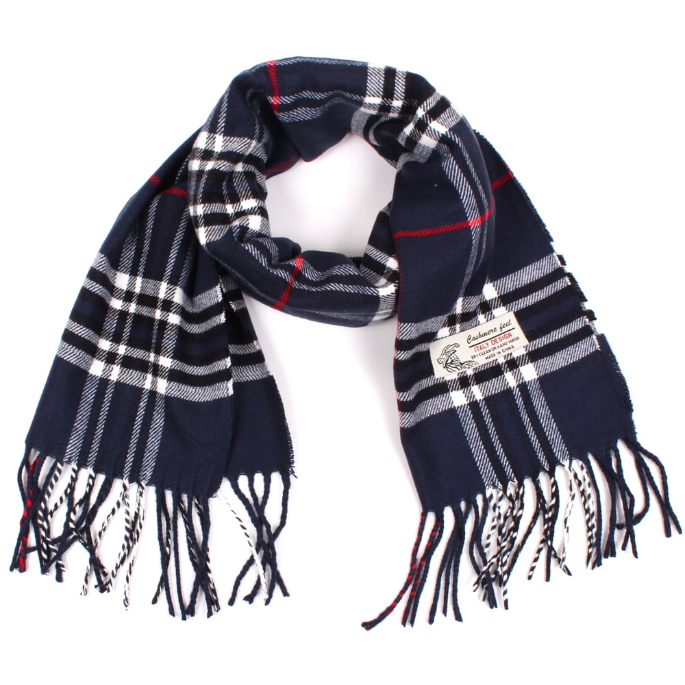 Women Men Navy Blue Plaid Scarves Classic Warm Soft with Fringes for