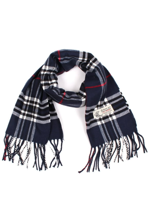 Women Men Navy Blue Plaid Scarves Classic Warm Soft with Fringes for Winter