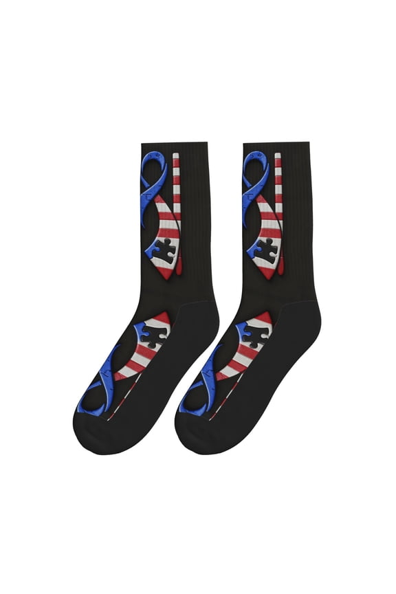 Women Men Novelty Crew Socks Blue Flag Autism Awareness Athletic Socks