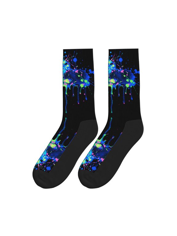 Women Men Novelty Crew Socks Blue Neon Paint Splatter Athletic Socks