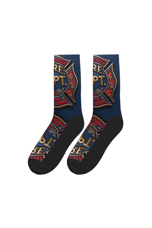 Women Men Novelty Crew Socks Firefighter Blue Athletic Socks