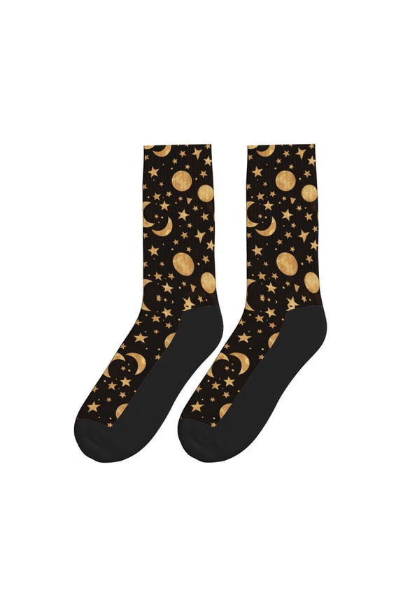Women Men Novelty Crew Socks Gold Moon And Stars Athletic Socks