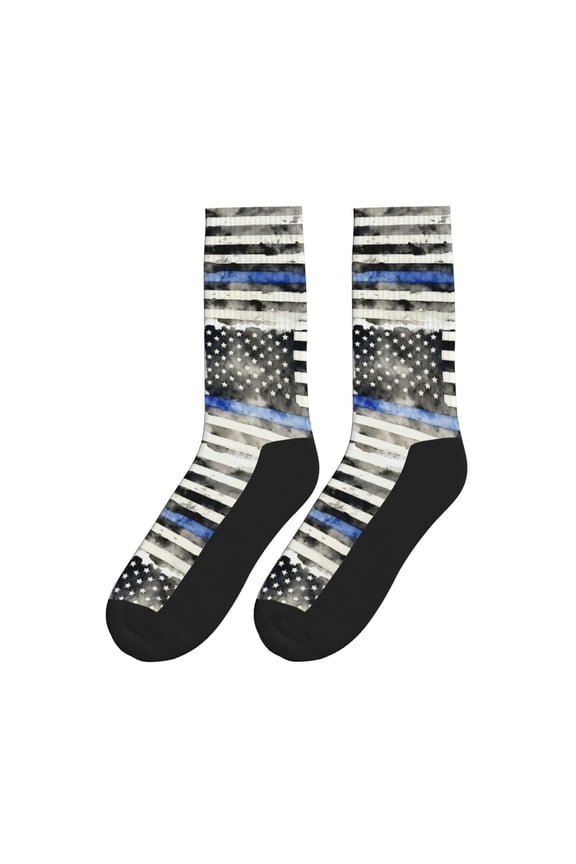 Women Men Novelty Crew Socks Police Blue Thin Line Flag Athletic Socks