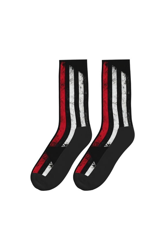 Women Men Novelty Crew Socks Thin Red Firefighter Line Flag Athletic Socks