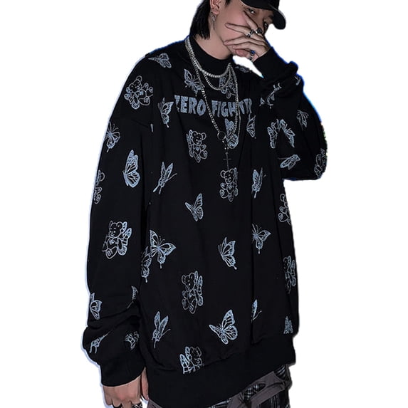 Women Men Oversized Sweatshirt Gothic Punk Long Sleeve for Butterfly Bear Print Neck Pullover Crop Top
