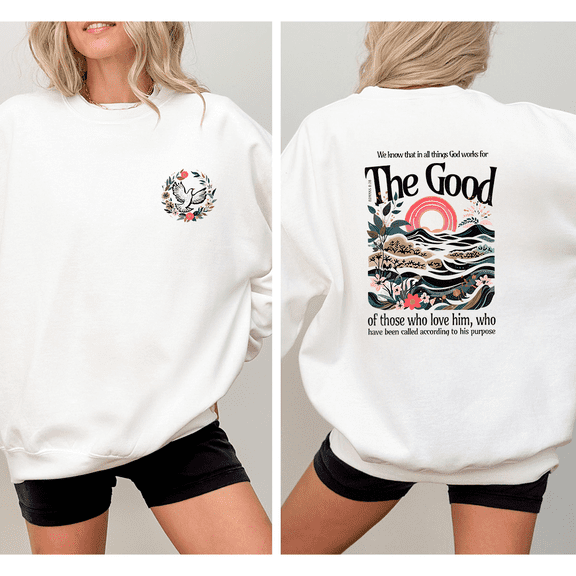 Women & Men Romans 8:28 Bible Verse Sweatshirts Christian Scripture Tops Casual Shirts Long Sleeve Pullover for Holidays Outfits with Jeans White,XL