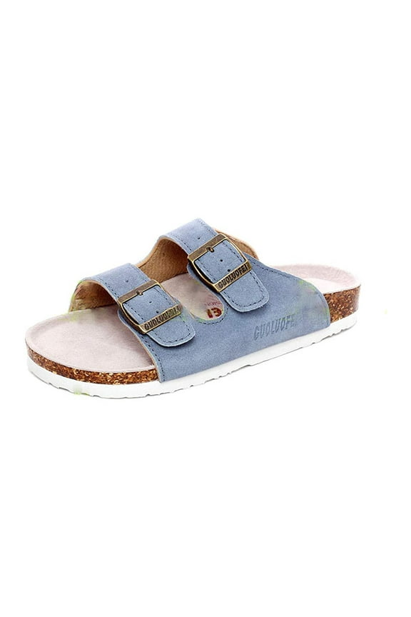 Women Men Slide Cork Sandal Flat Adjustable Strap Buckle Slip on Casual Open Toe Shoes Suede Summer 5 Men Blue