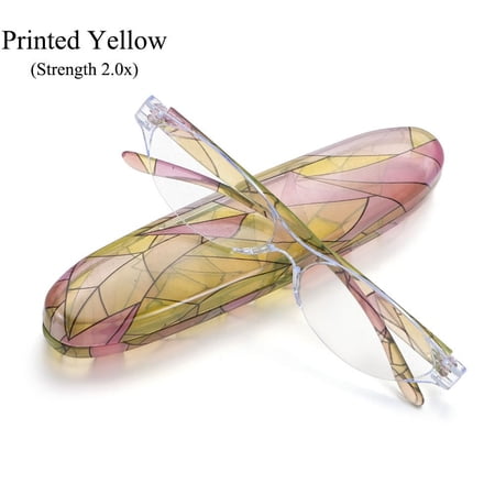 Women & Men Spring Hinge Lightweight Computer Readers Small Oval Anti Blue Light Floral Reading Glasses with Case Reading Glasses STRENGTH 2.0X PRINTED YELLOW