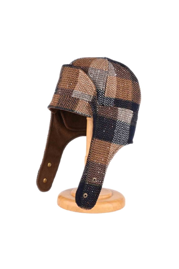 Women Men Stylish Plaid Winter Wool Trapper Faux Fur Corduroy Hats Windproof Plaid Trooper Hat Ear Flaps Warm Winter Outdoor Hats
