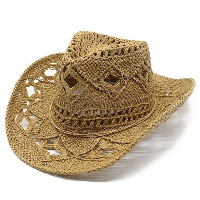 Women Men Summer Western Cowboy Hat Shapeable Straw Hat Hollowed Out ...