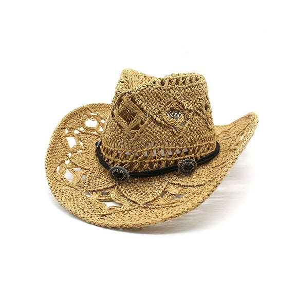 Women Men Summer Western Cowboy Hat Shapeable Straw Hat Hollowed Out Sun Hat