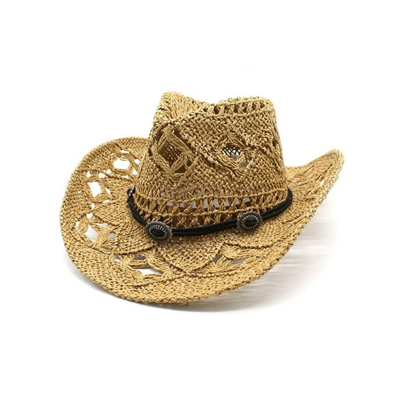 Women Men Summer Western Cowboy Hat Shapeable Straw Hat Hollowed Out Sun Hat
