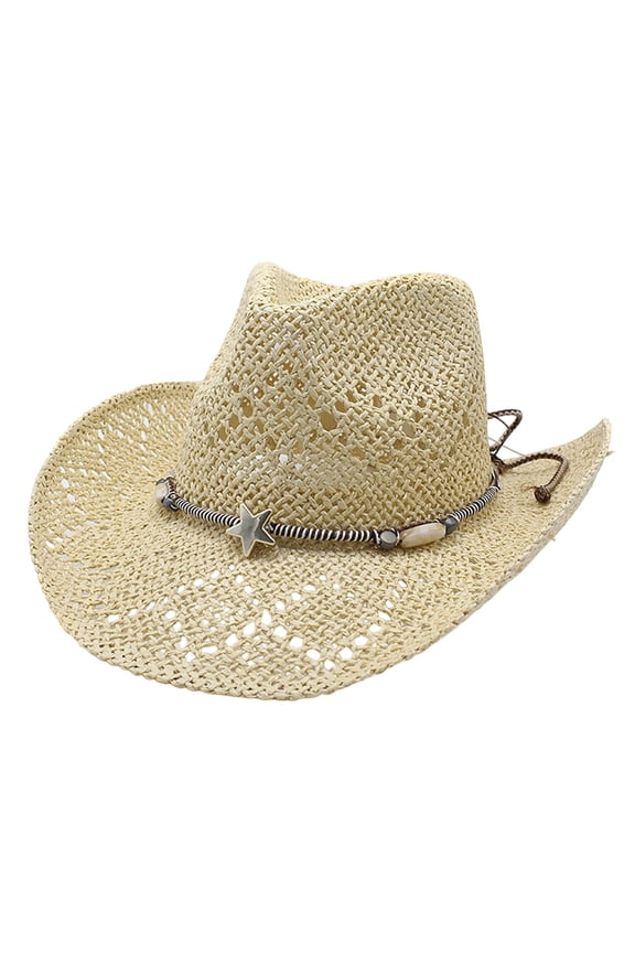 Women Men Summer Western Cowboy Hat Shapeable Straw Hat Hollowed Out Sun Hat