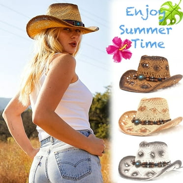 Women Men Summer Western Cowboy Hat Shapeable Straw Hat Hollowed Out 