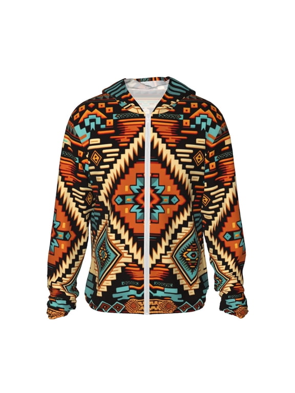 Women Men Sun Protection Hoodie Jacket Zip Long Sleeve Shirt Hiking Outdoor , Aztec Baja Western Native Southwest