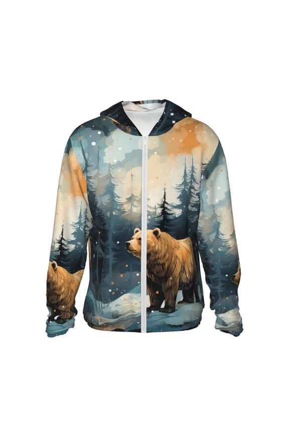 Women Men Sun Protection Hoodie Jacket Zip Long Sleeve Shirt Hiking Outdoor , Bear Moose Rustic Wood