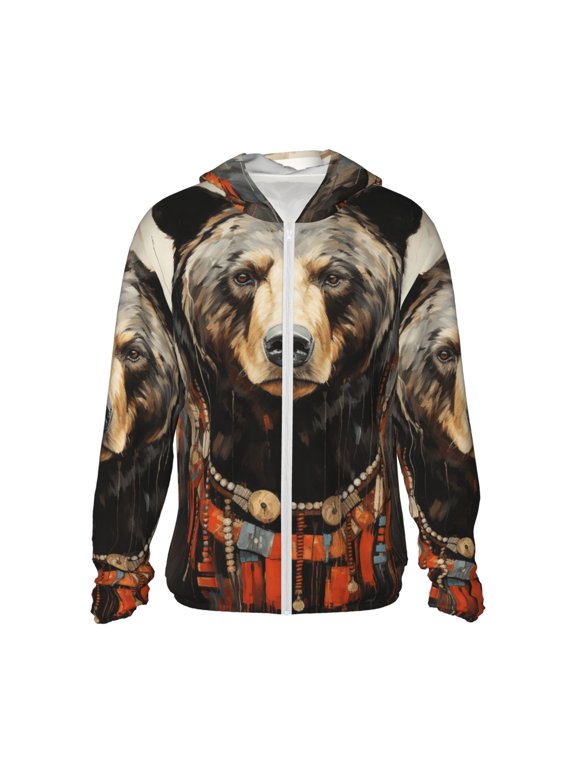 Women Men Sun Protection Hoodie Jacket Zip Long Sleeve Shirt Hiking Outdoor , Bear Rustic Lodge Southwestern Art