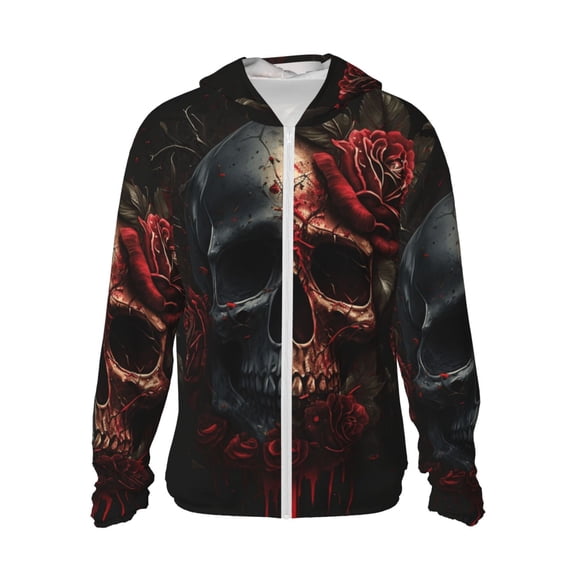 Women Men Sun Protection Hoodie Jacket Zip Long Sleeve Shirt Hiking Outdoor , Blood Skull Roses