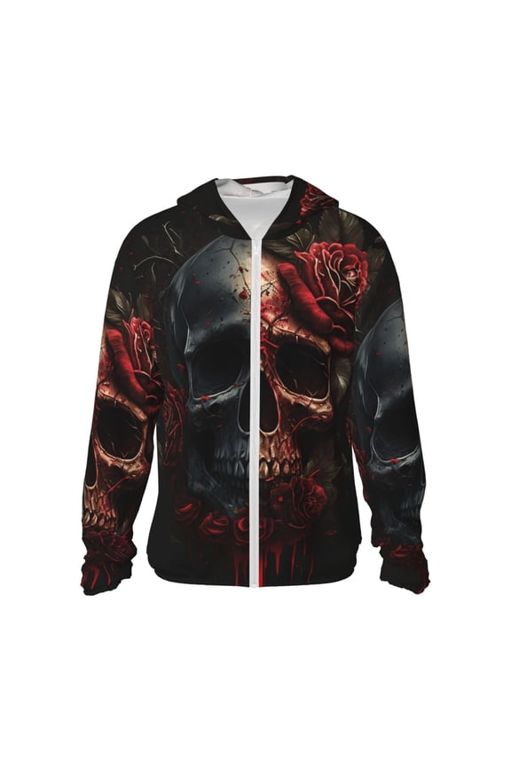Women Men Sun Protection Hoodie Jacket Zip Long Sleeve Shirt Hiking Outdoor , Blood Skull Roses